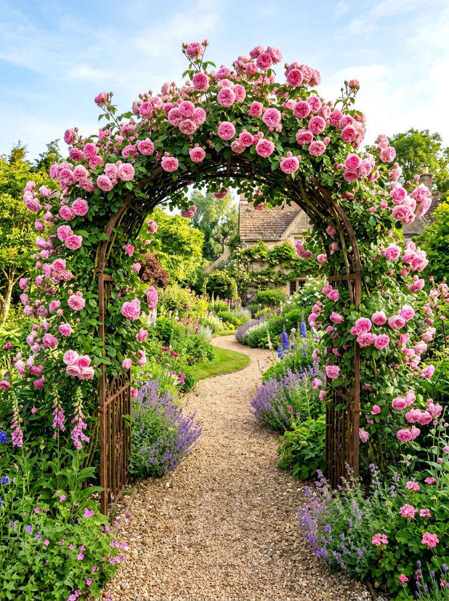 Rose Covered Archway - 30 arbor entrance ideas
