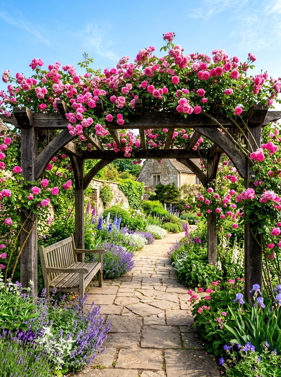 Rose Covered Pergola - 30 secret garden seating ideas