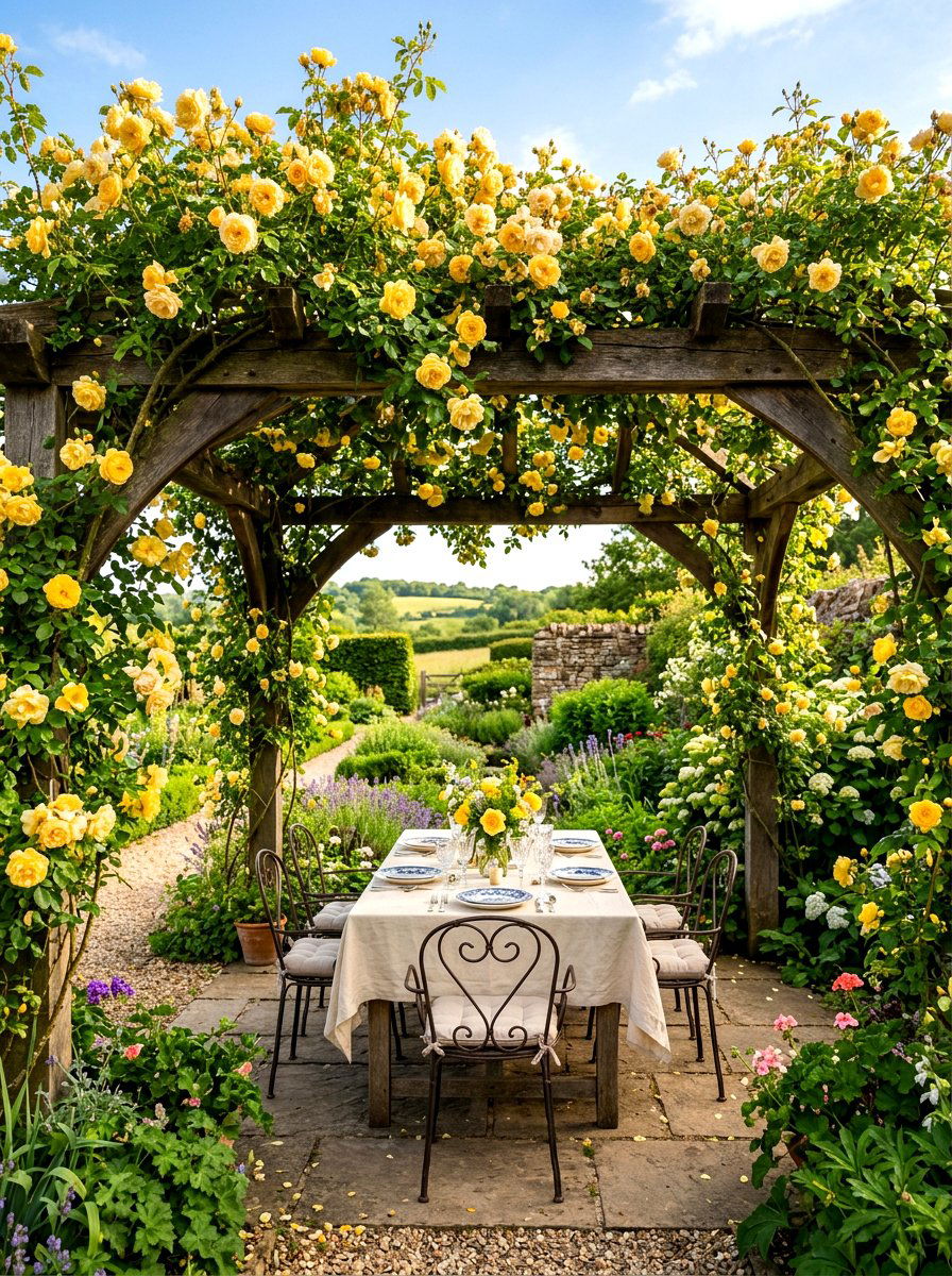 Rose Covered Pergola - 30 backyard rose garden ideas