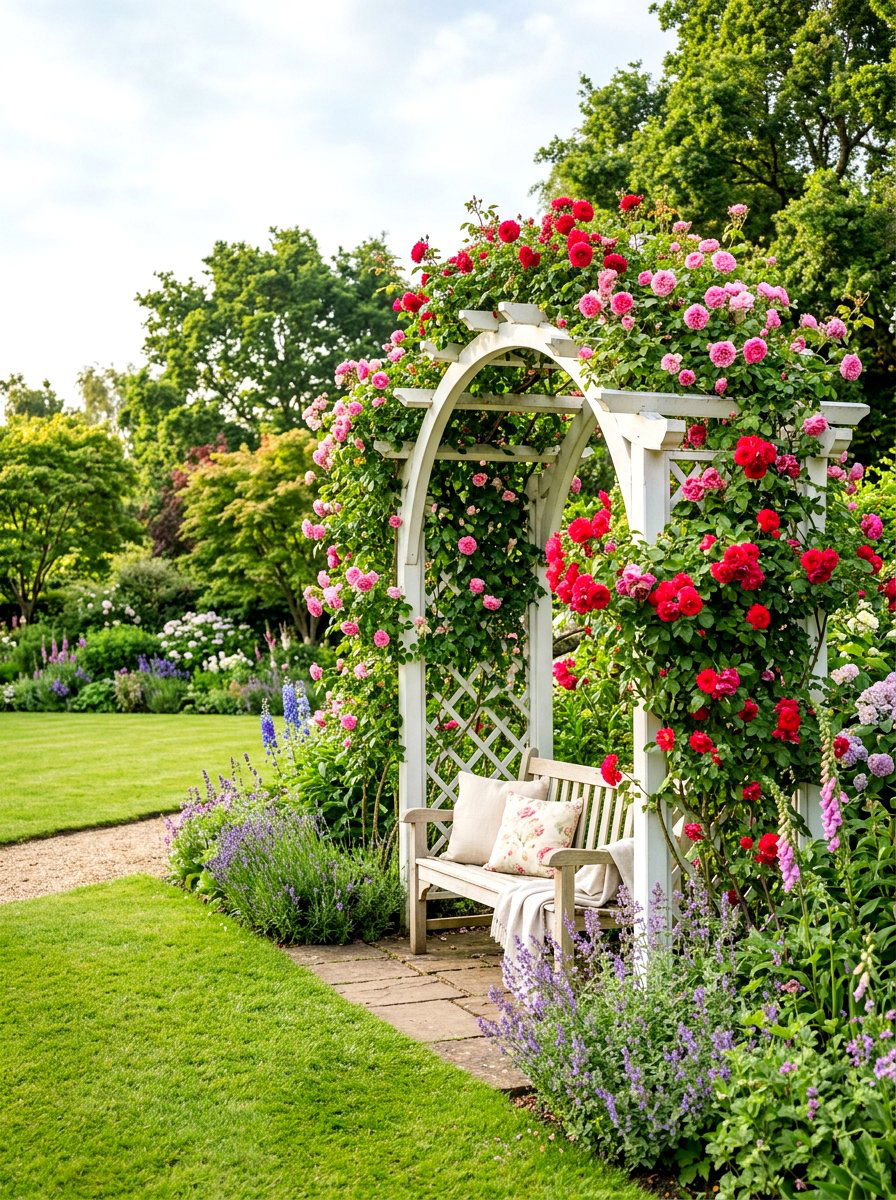 Rose Covered Trellis Seat - 30 tea garden seating ideas