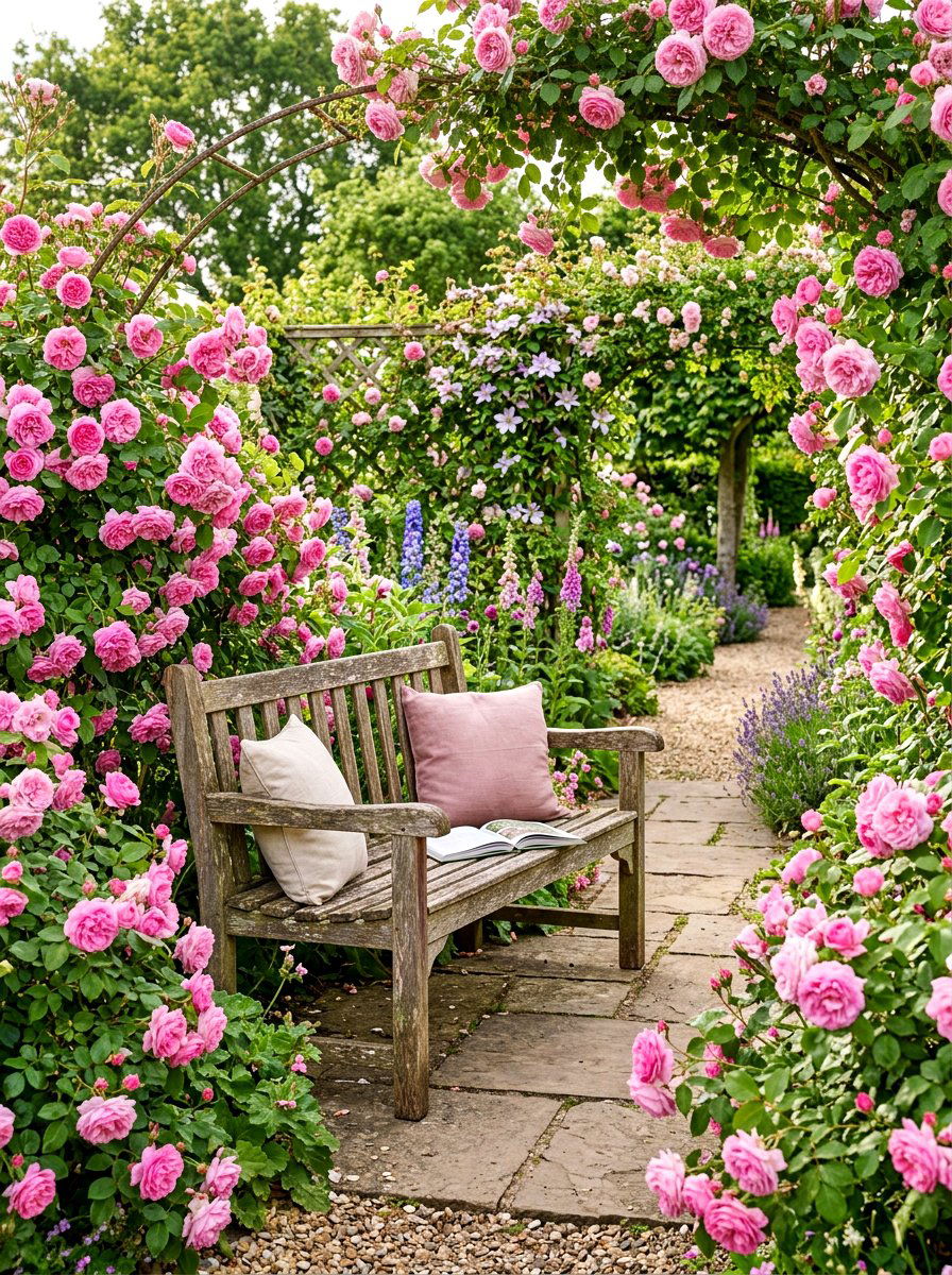 Rose Garden Bench - 30 backyard rose garden ideas