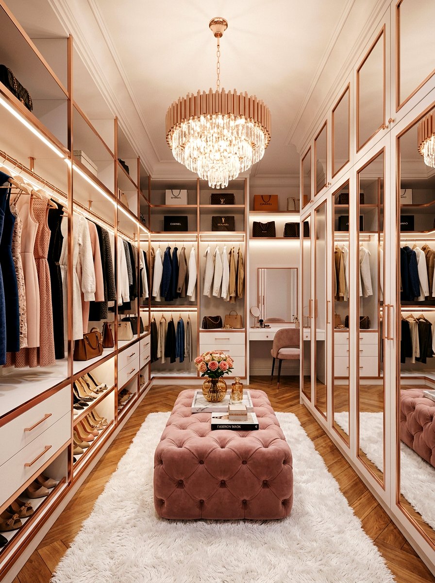 Rose Gold Walk In Closet - 30 metallic maximalist decor ideas