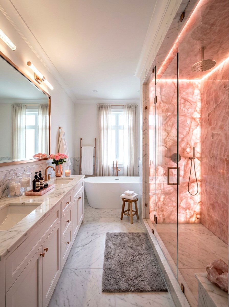 Rose Quartz Slab Shower - 30 stone slab shower wall ideas