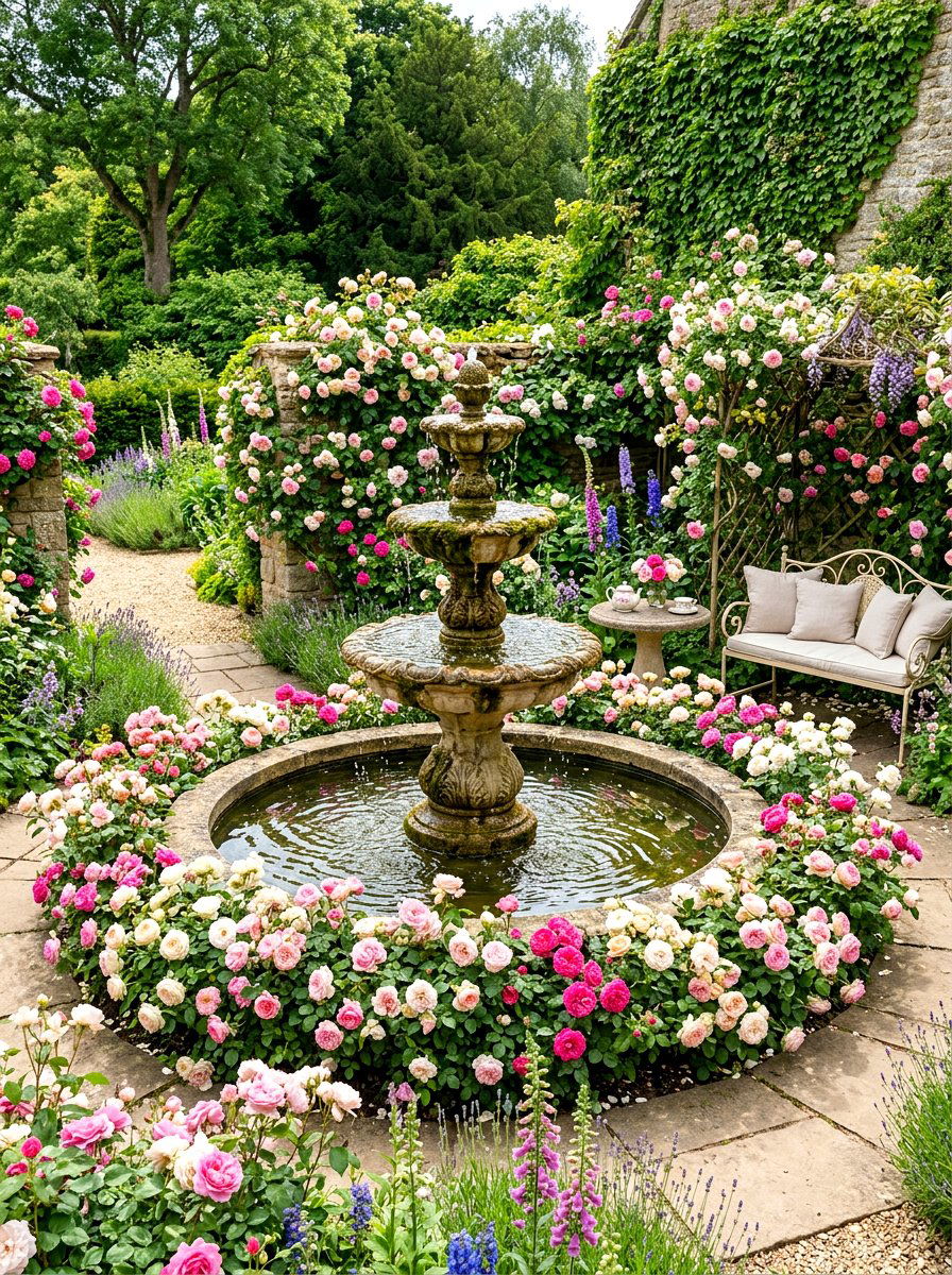 Rose Water Feature Surround - 30 backyard rose garden ideas