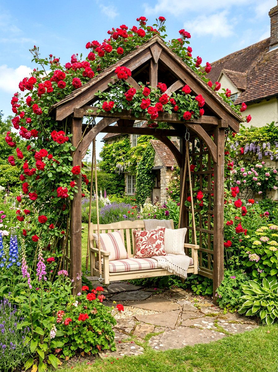 Rose arbor swing - 30 garden arbor seating ideas