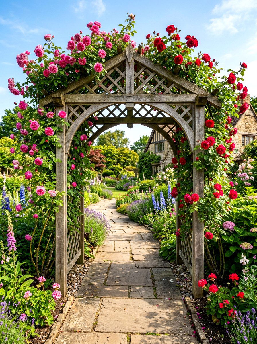 Rose climbing arbor - 30 cottage front yard garden ideas