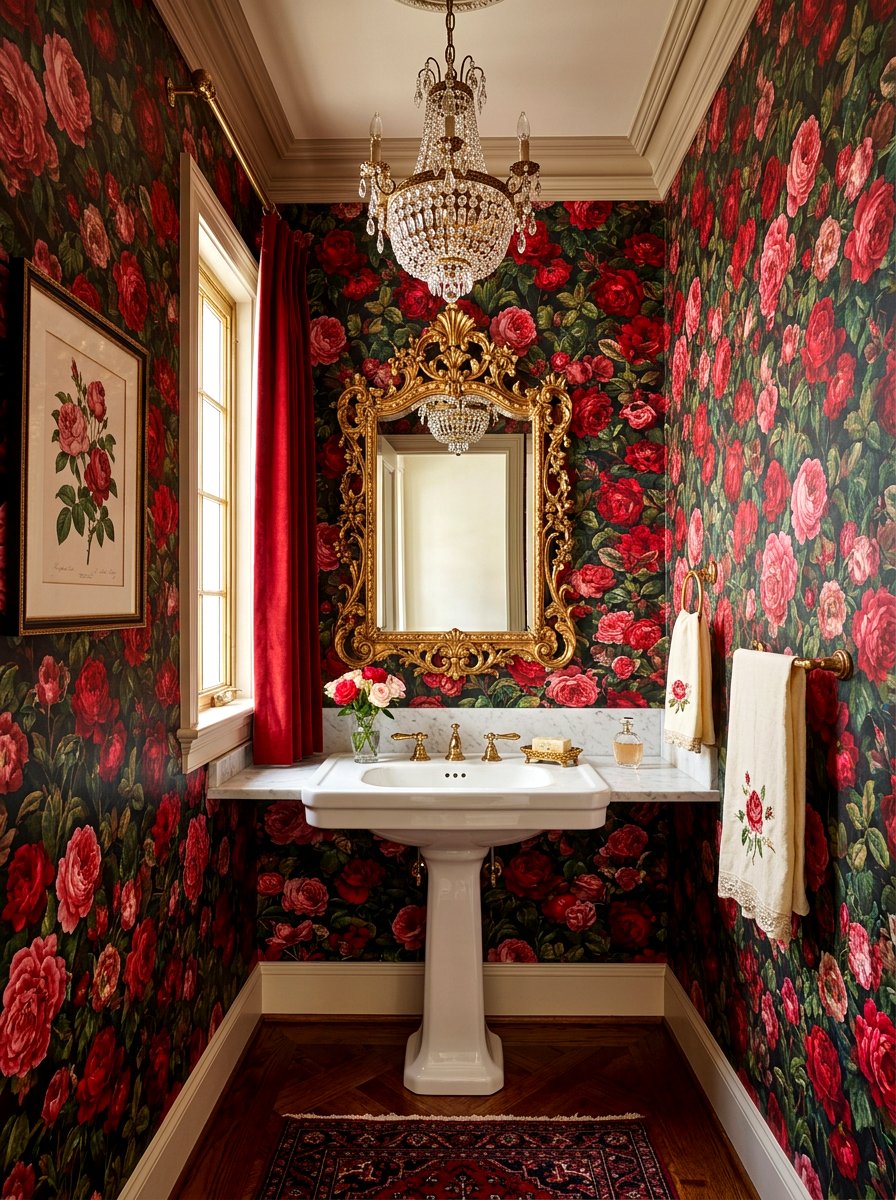 Rose garden powder room - 30 garden print wallpaper ideas
