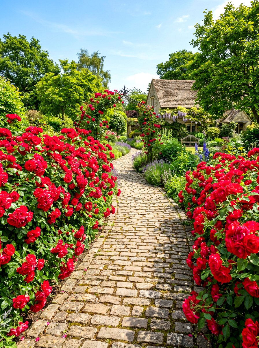 Rose lined path - 30 front path flower bed ideas