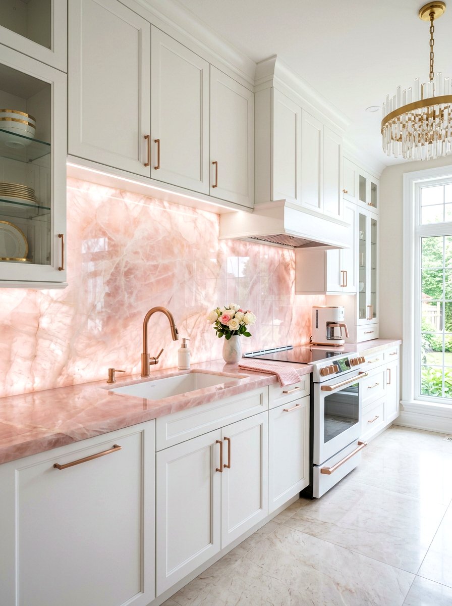 Rose quartz slab backsplash - 30 slab stone backsplash ideas