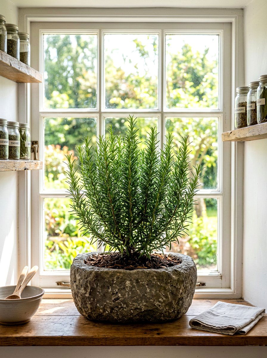 Rosemary Shrub In Stone Planter - 30 windowsill vegetable garden ideas