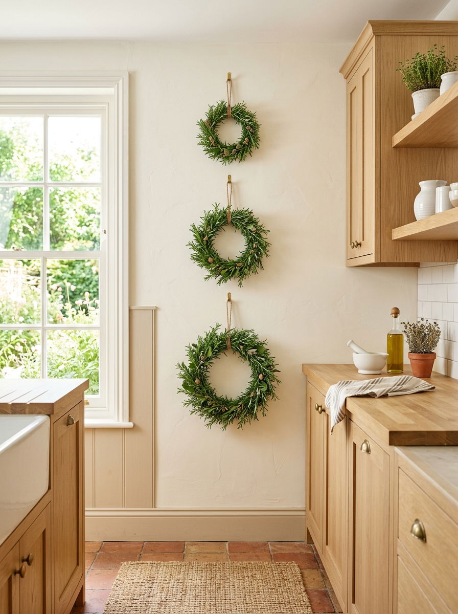 Rosemary Wreath Wall - 30 winter greenery decor ideas