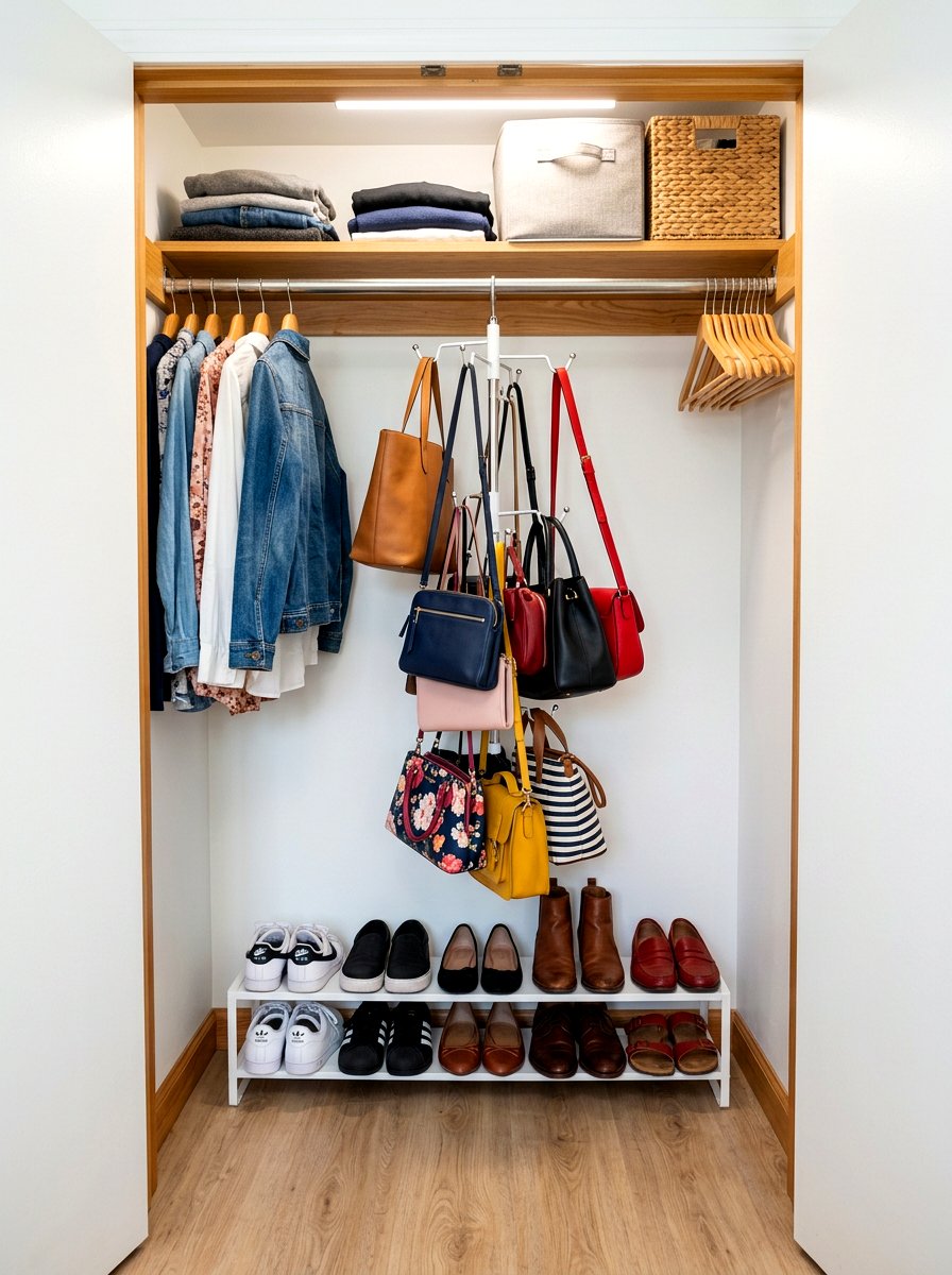 Rotatable purse hanger - 30 handbag storage ideas