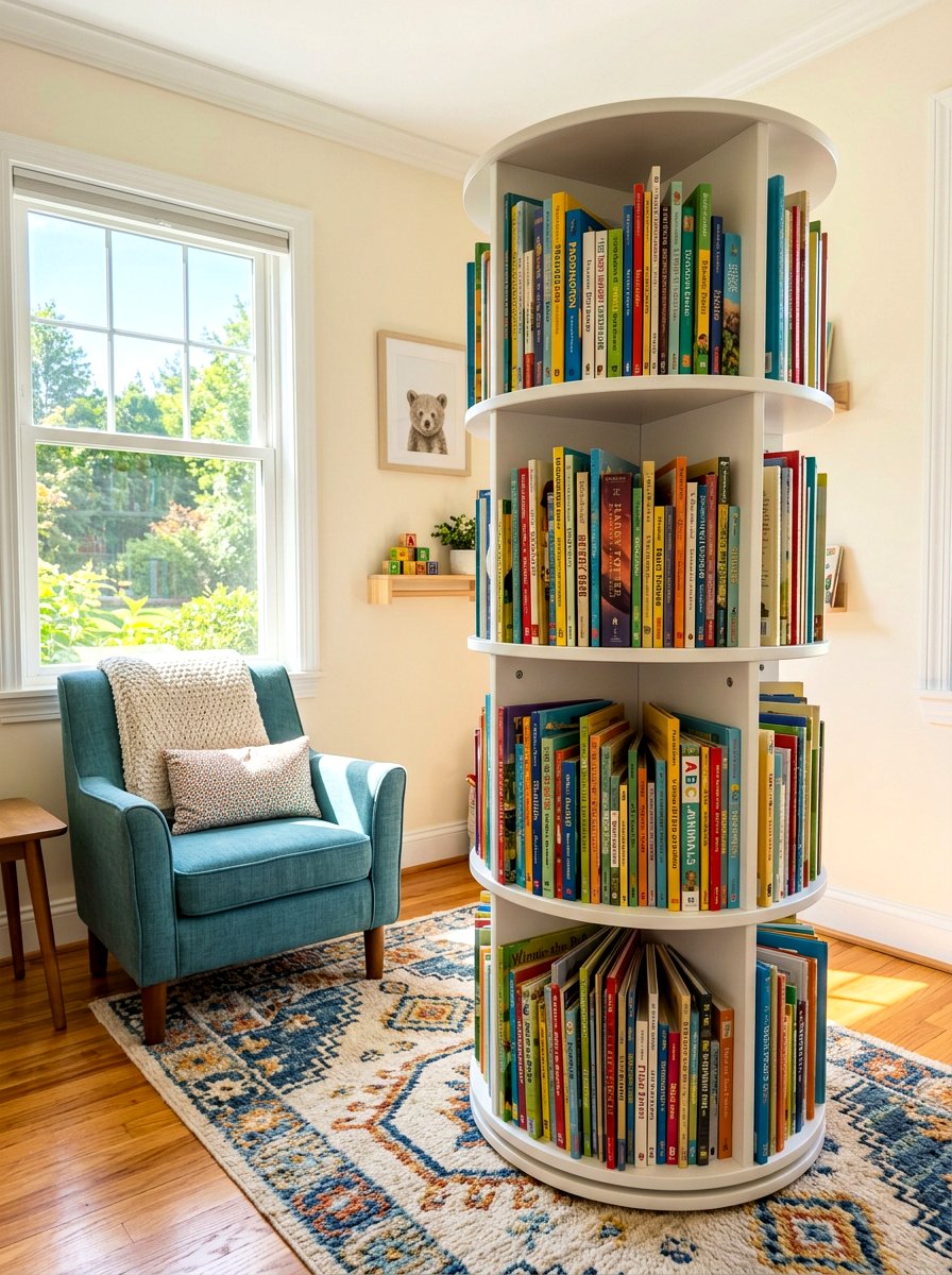 Rotating Book Tower - 30 playroom bookshelf ideas