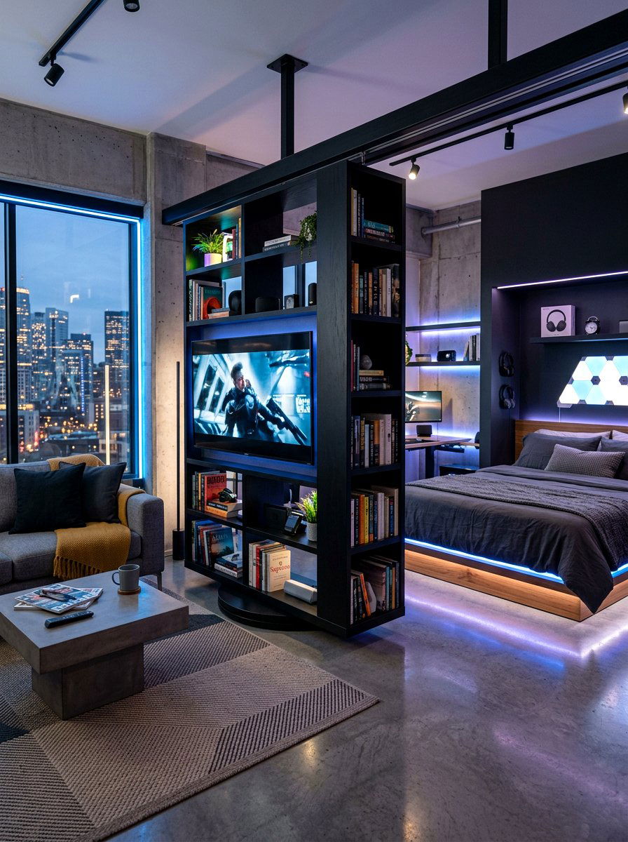 Rotating Bookcase Divider - 30 studio apartment divider shelf ideas