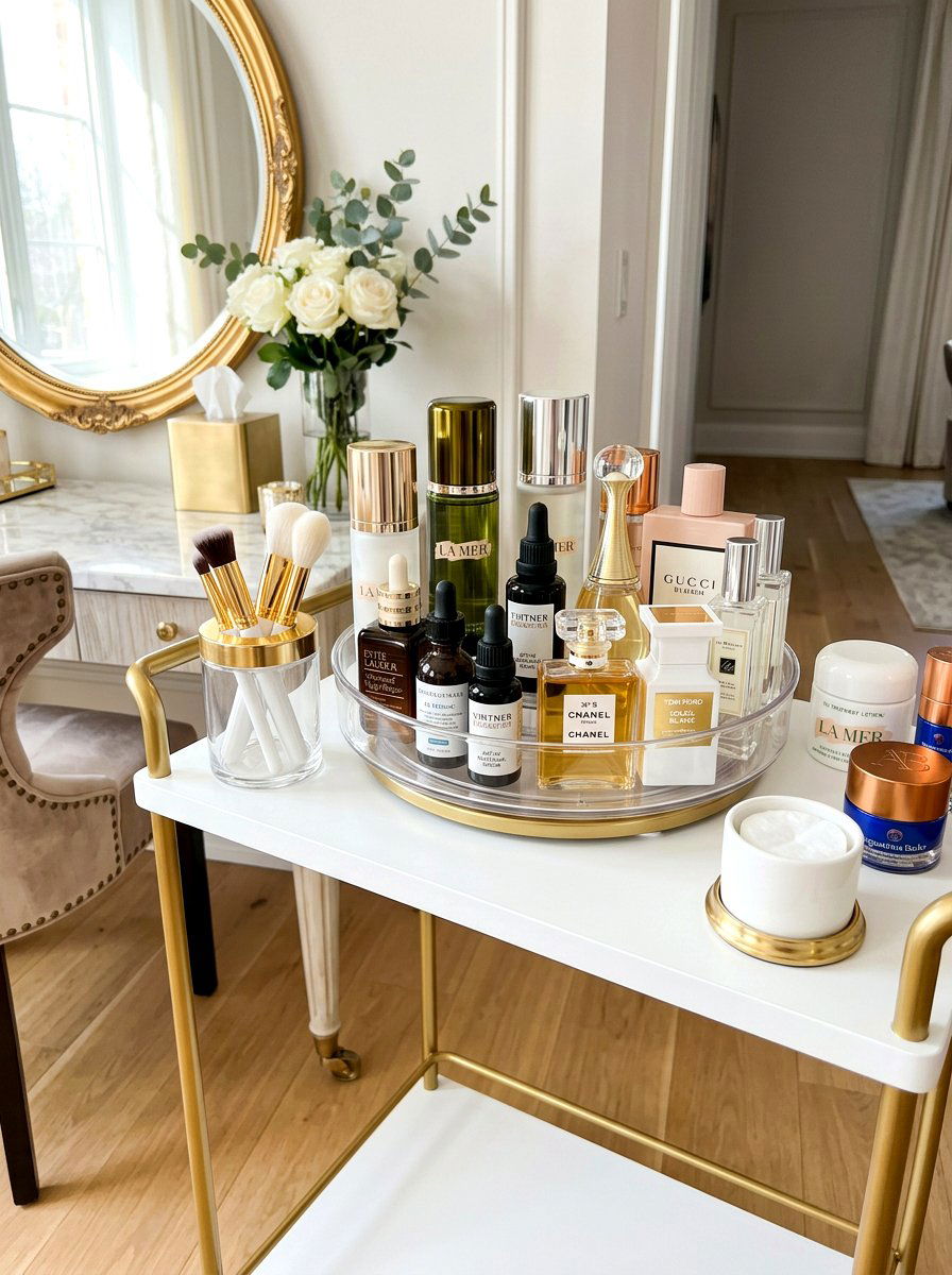Rotating Lazy Susan For Skincare Serums - 30 beauty cart organization ideas