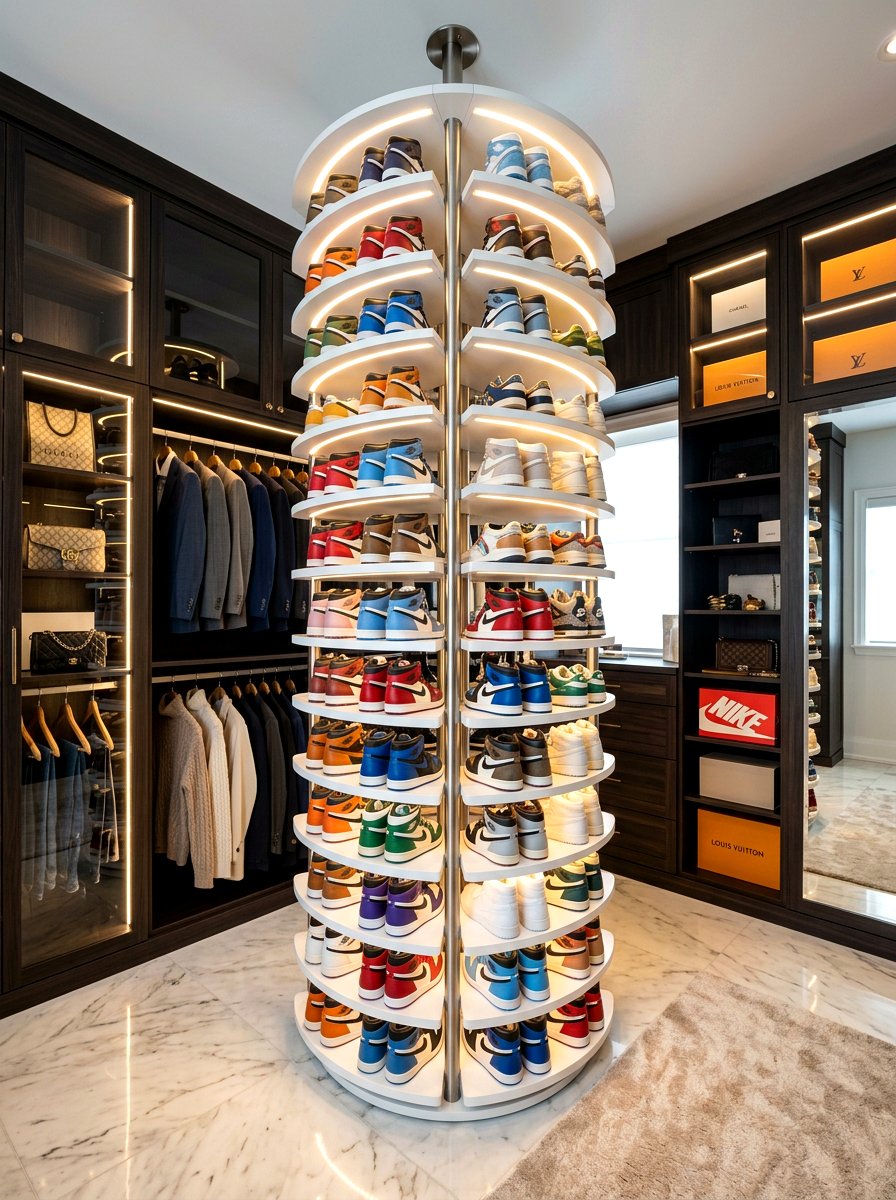 Rotating Shoe Tower - 30 hidden shoe storage apartment ideas