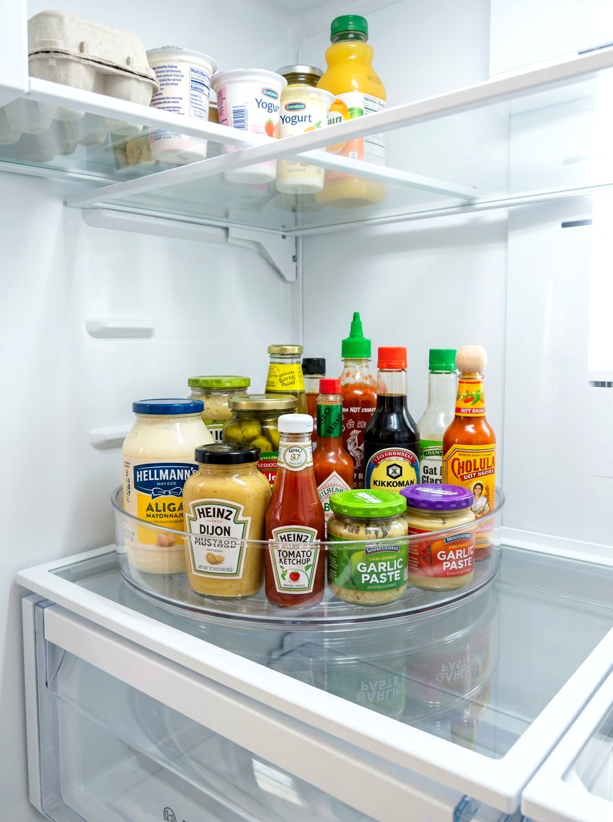 Rotating lazy susan organizer - 30 aesthetic fridge organization ideas