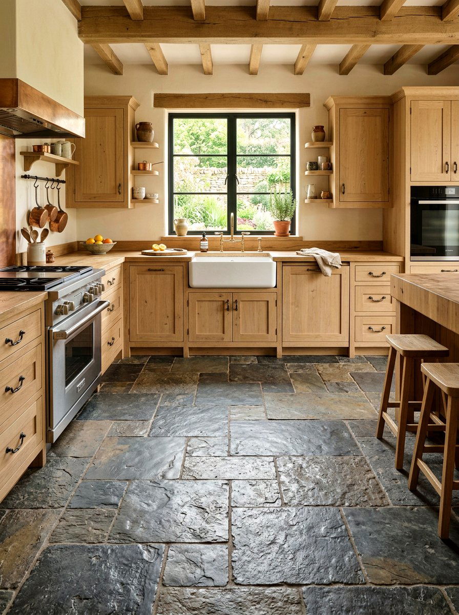 Rough stone kitchen floor - 30 wabi sabi kitchen ideas