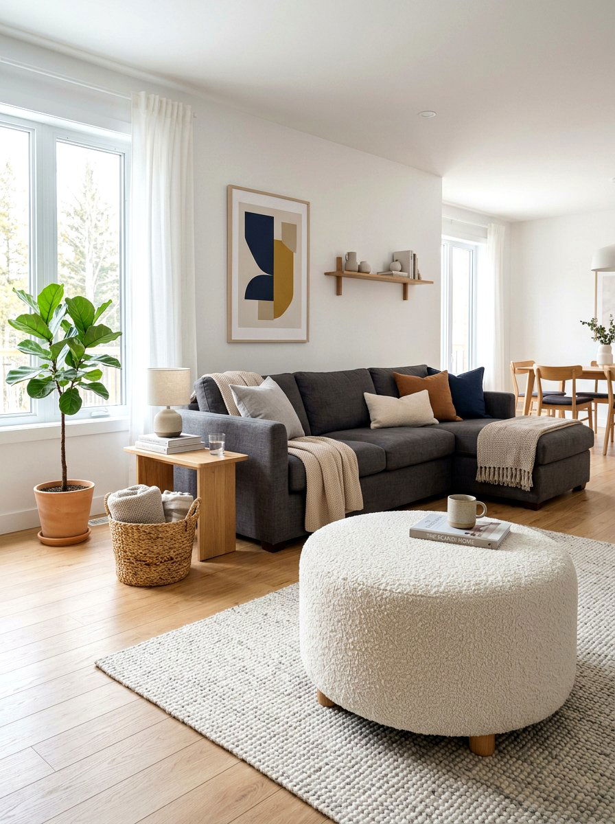 Round Boucle Ottoman Near Sofa - 30 oversized ottoman living room ideas