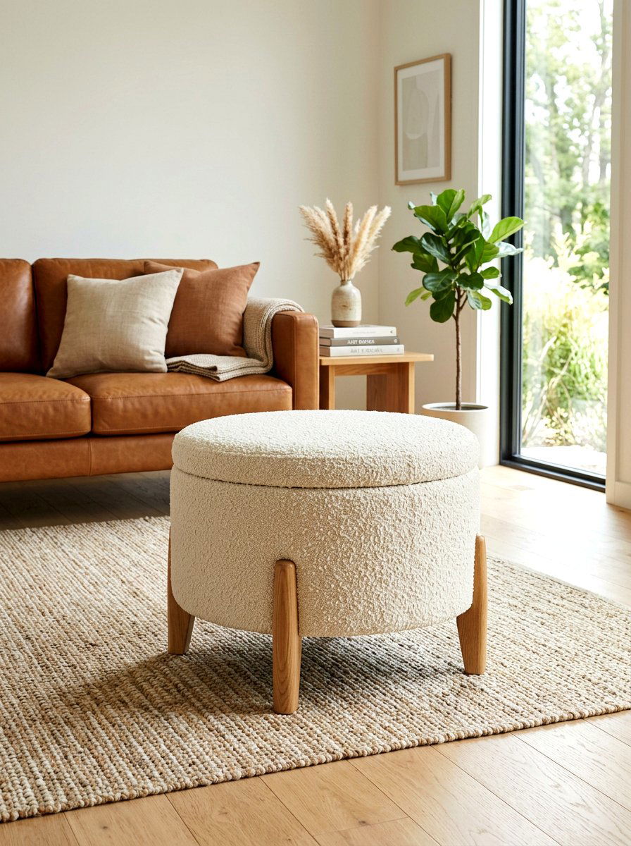 Round Boucle Storage Ottoman - 30 hidden ottoman storage ideas