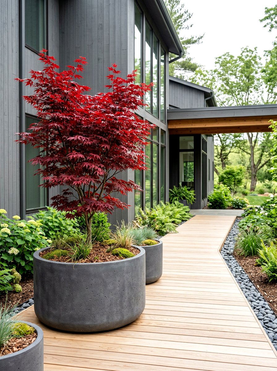 Round Charcoal Grey Planters - 30 oversized planter curb appeal ideas