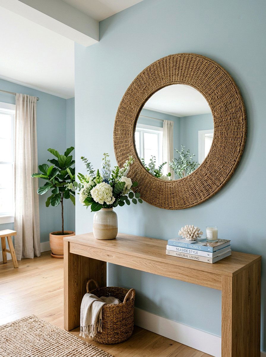 Round Coastal Mirror - 30 coastal entryway ideas