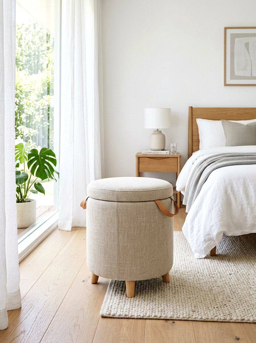 Round Linen Storage Stool - 30 hidden ottoman storage ideas