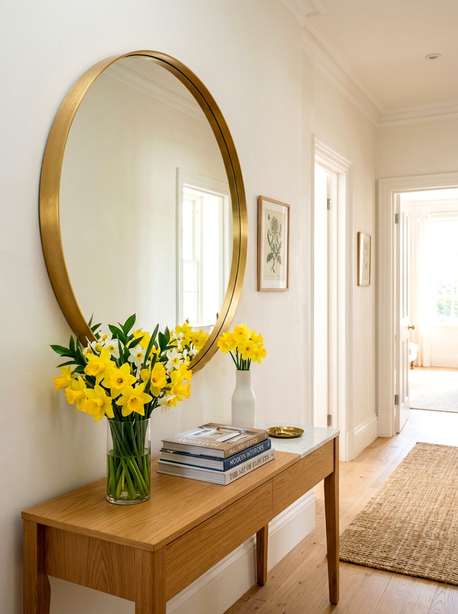 Round Mirror Console Styling - 30 spring entry table ideas