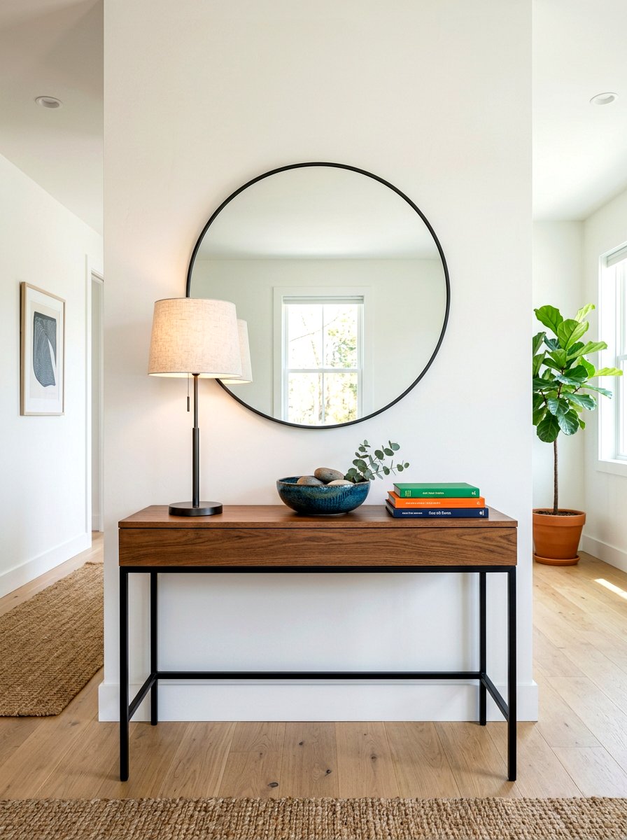 Round Mirror Console - 30 console table decor ideas