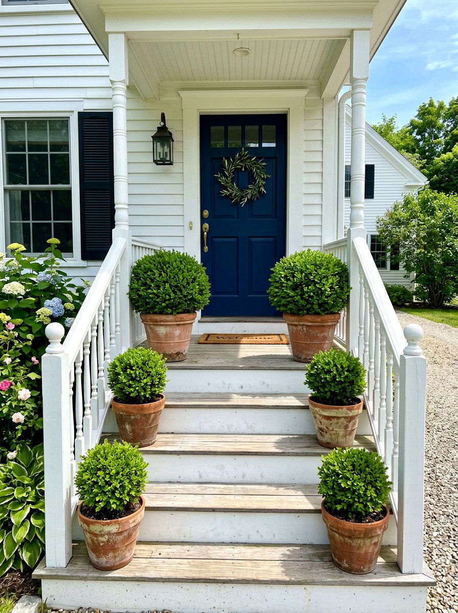 Round Potted Boxwood Display - 30 topiary front porch ideas aesthetic