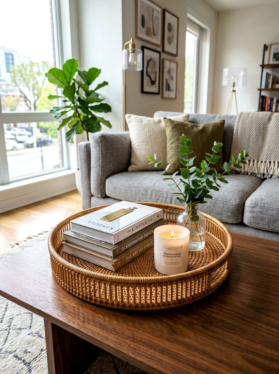 Round Rattan Coffee Table Tray - 30 woven tray decor ideas