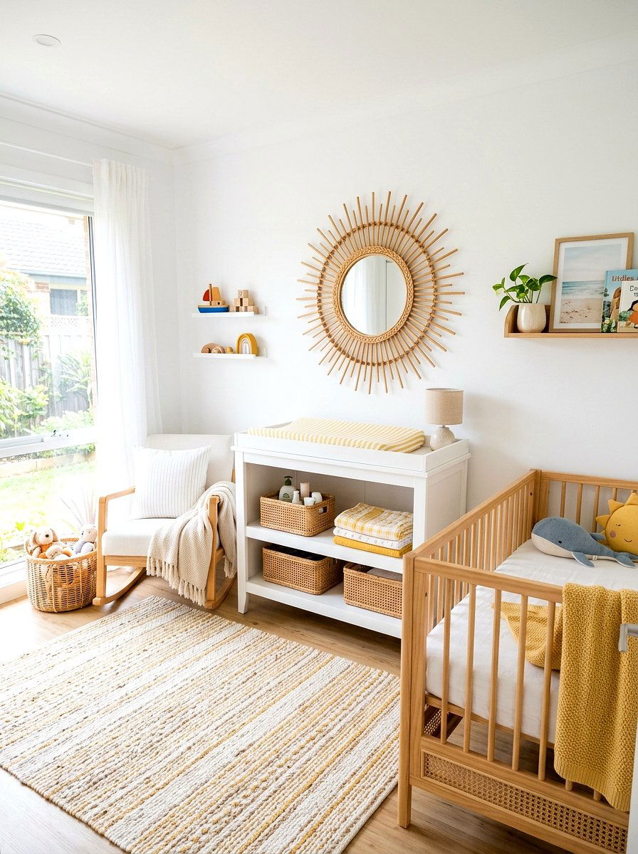 Round Rattan Sunburst Mirror - 30 nursery wall decor ideas
