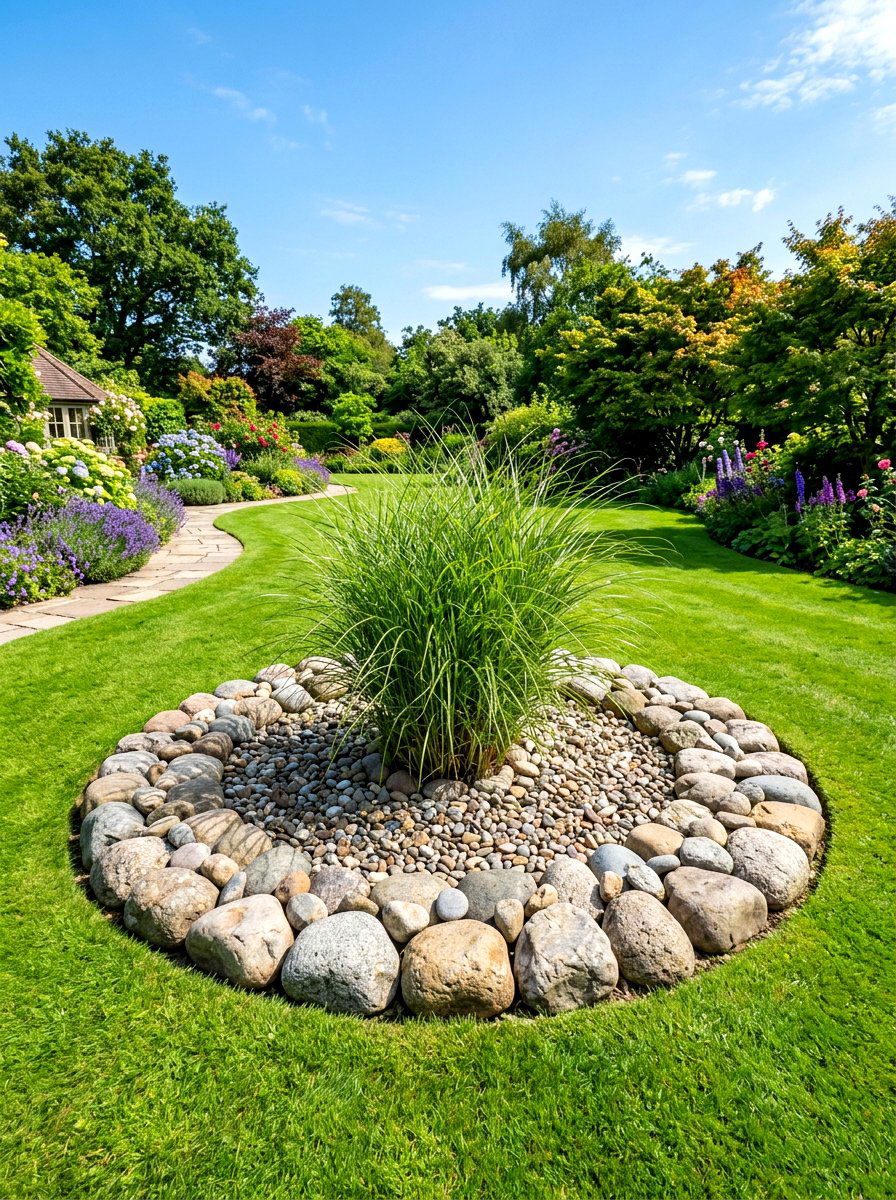 Round Rock Bed - 30 front yard rock garden ideas