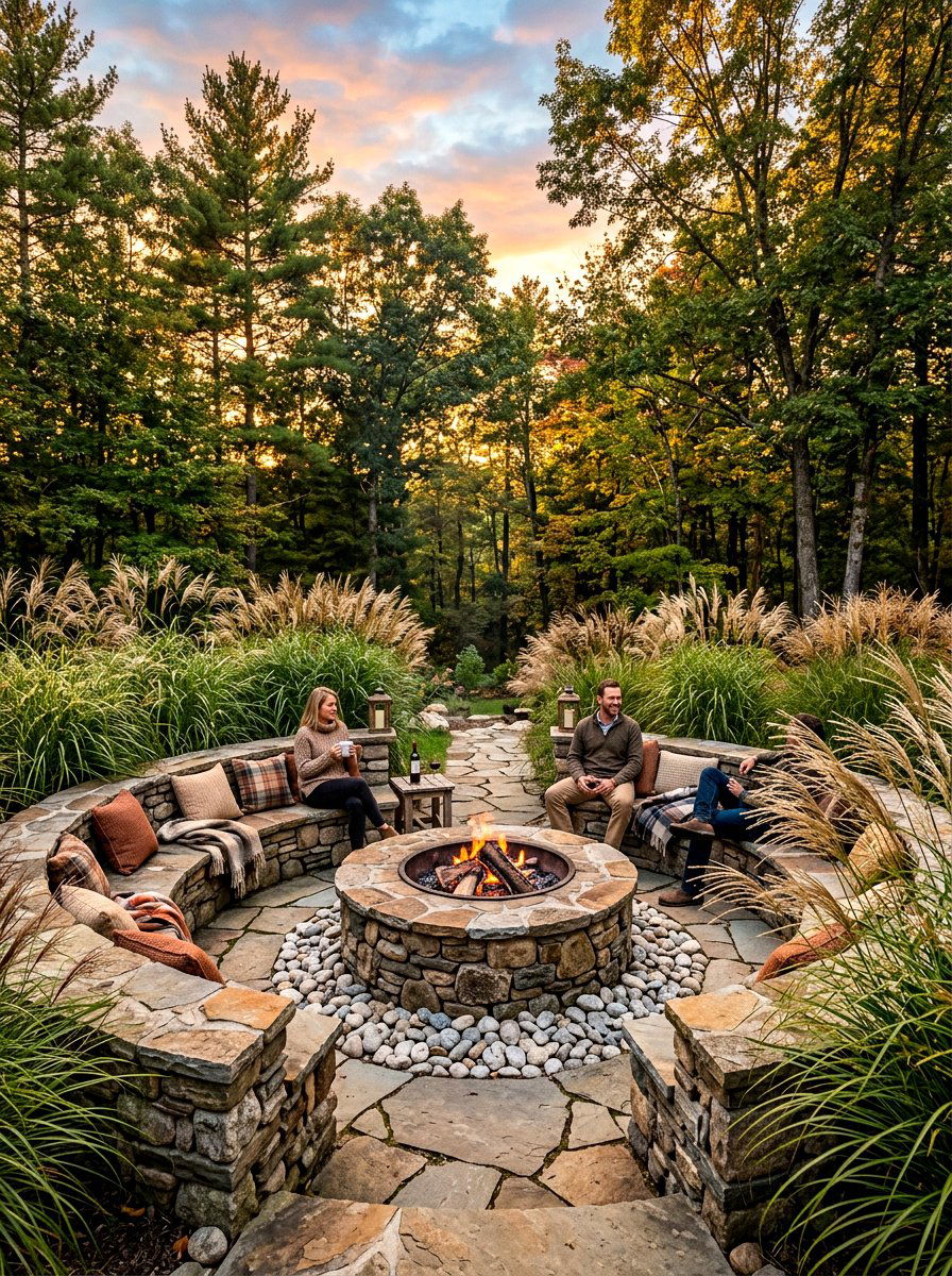 Round Stone Fire Pit Seating - 30 conversation pit patio ideas