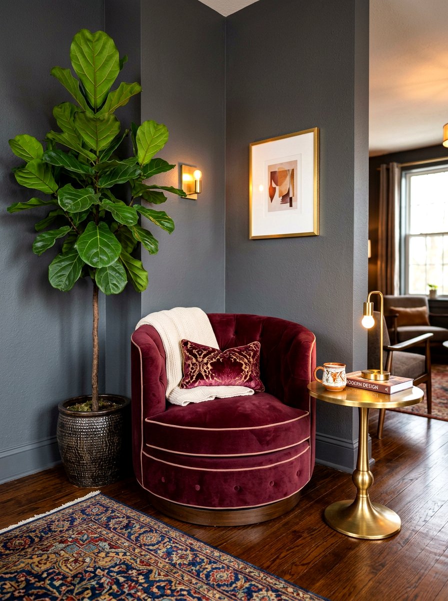 Round Velvet Chair - 30 moody hotel lobby living room ideas