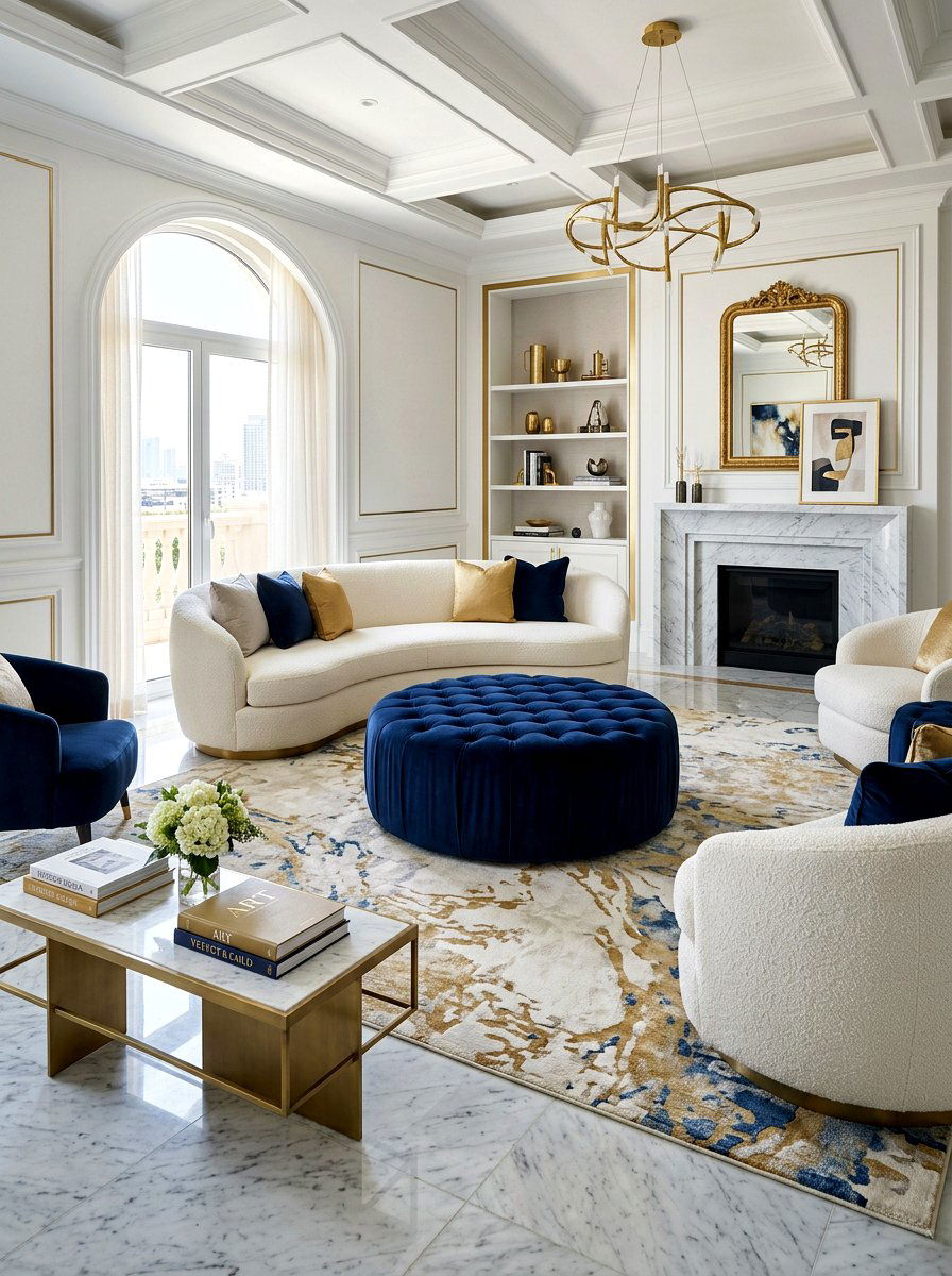 Round Velvet Ottoman Centerpiece - 30 oversized ottoman living room ideas