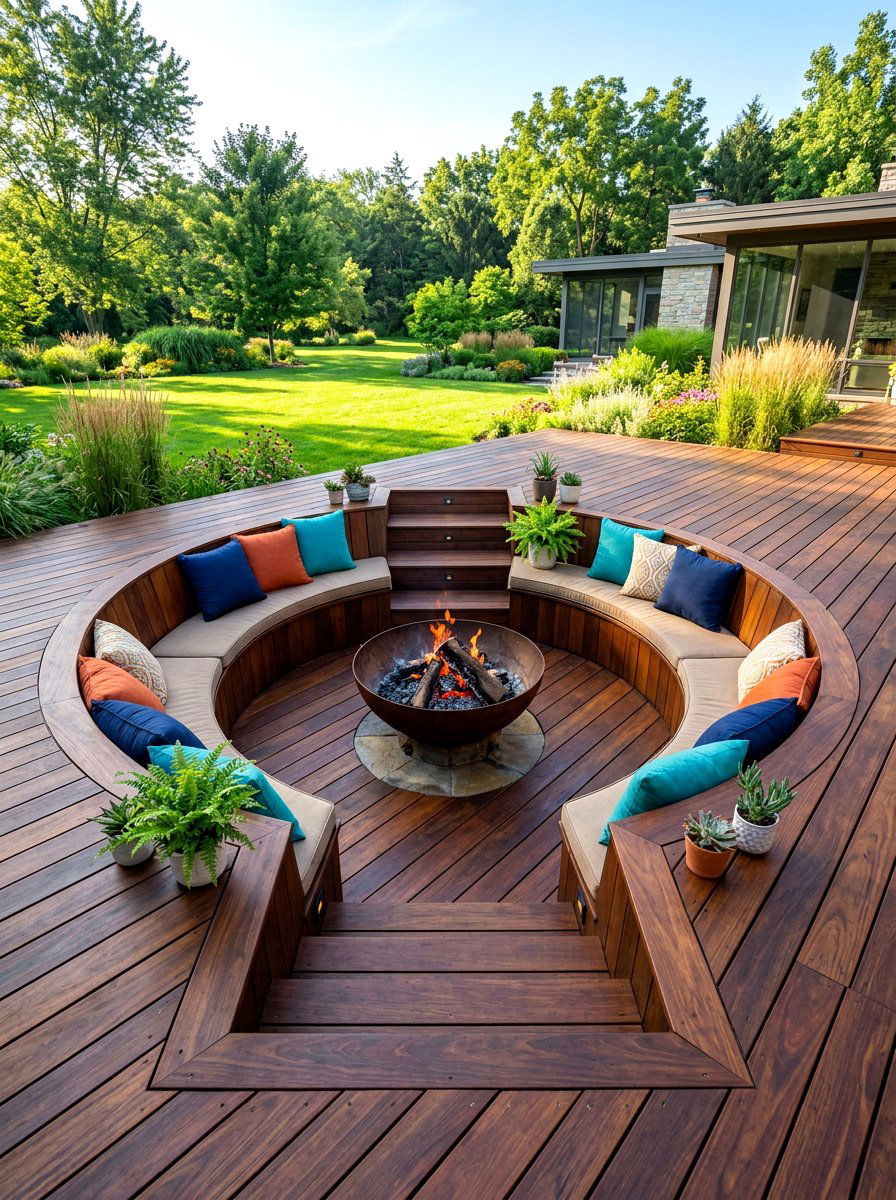 Round Wood Deck Seating - 30 conversation pit backyard ideas