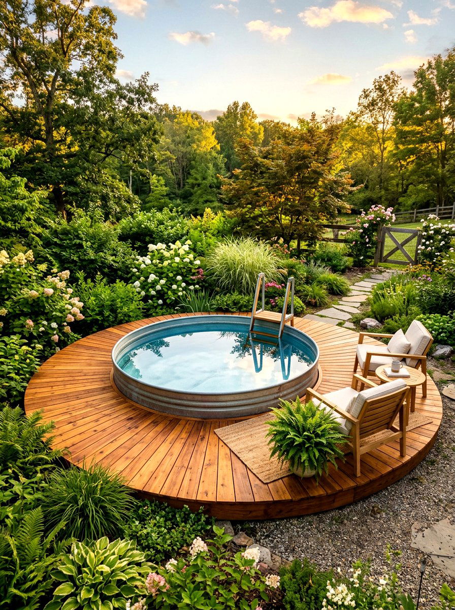 Round Wood Pool Deck - 30 stock tank pool deck ideas