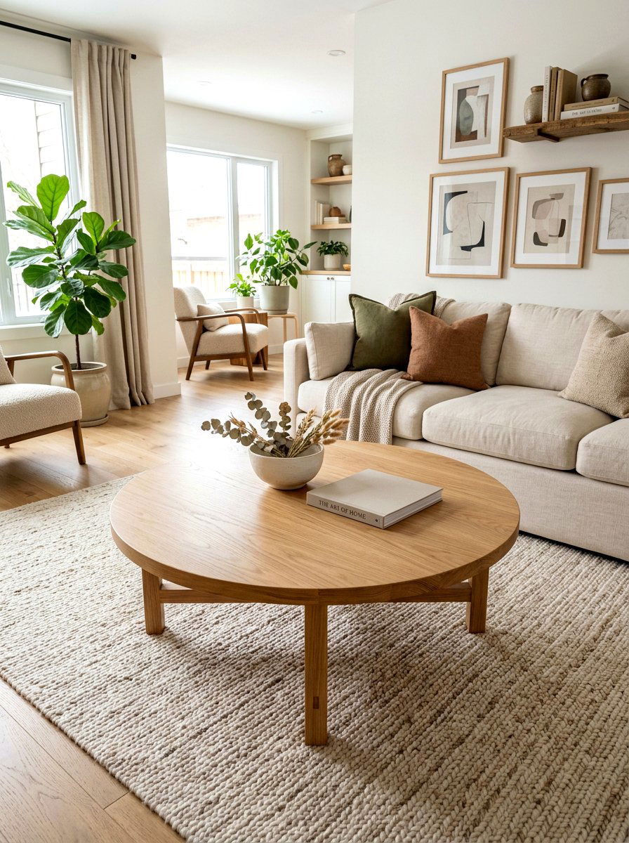 Round Wooden Coffee Table - 30 soft minimal apartment ideas
