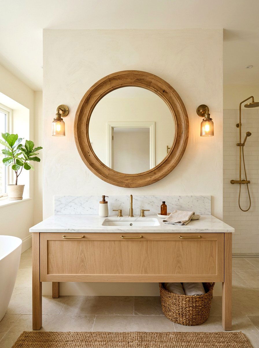 Round Wooden Mirror - 30 rustic spa bathroom ideas