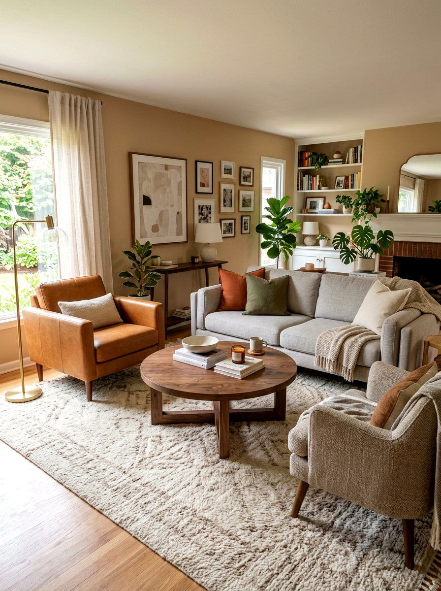Round Wooden Table - 30 toasted beige living room ideas