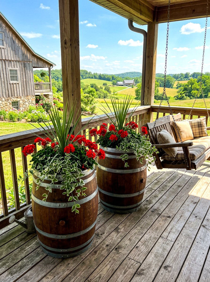Round barrel deck planters - 30 deck planter ideas