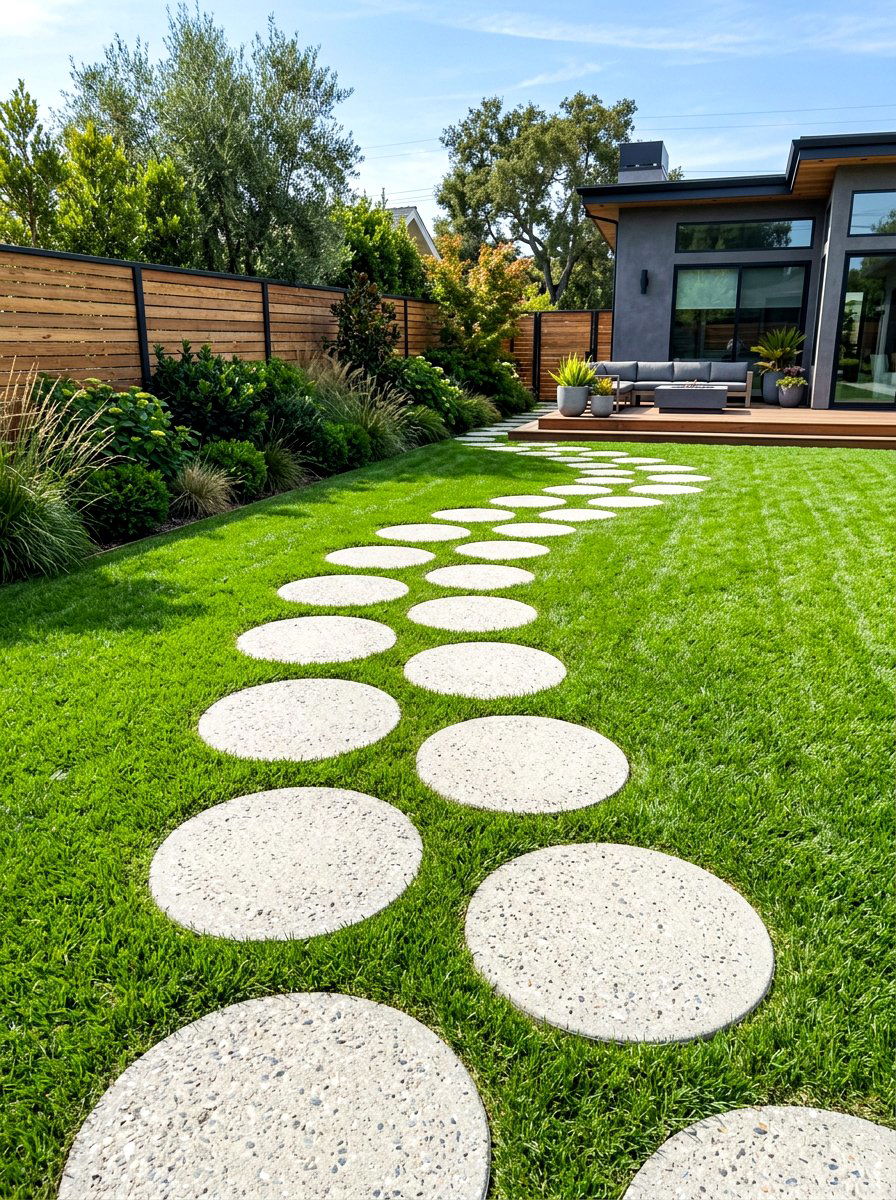 Round concrete stepping stones - 30 stepping stones through grass ideas