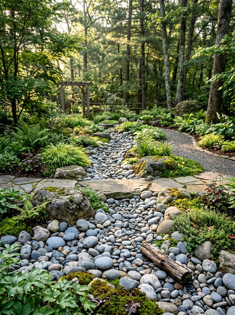 Round creek stone garden - 30 stone edging front yard ideas
