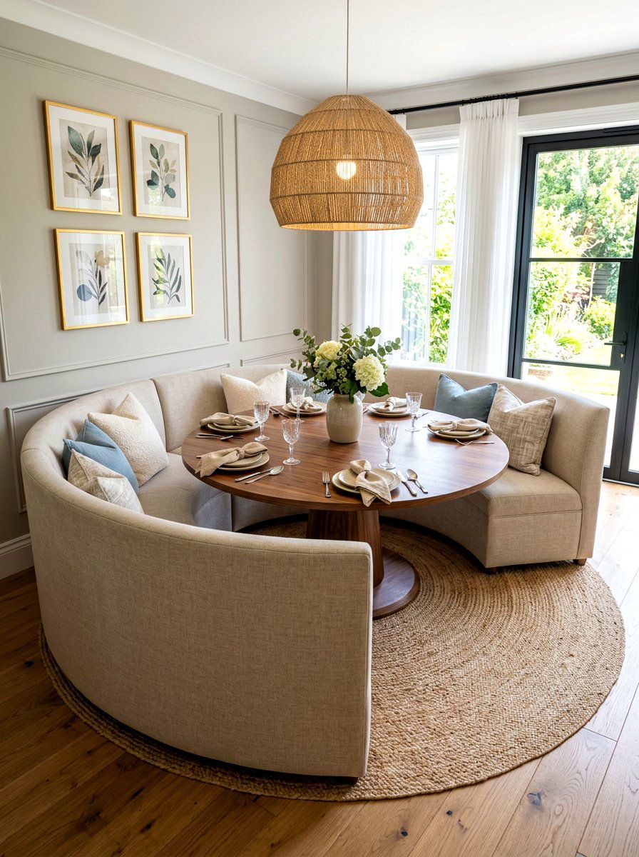 Round dining table with curved banquette - 30 curved banquette ideas