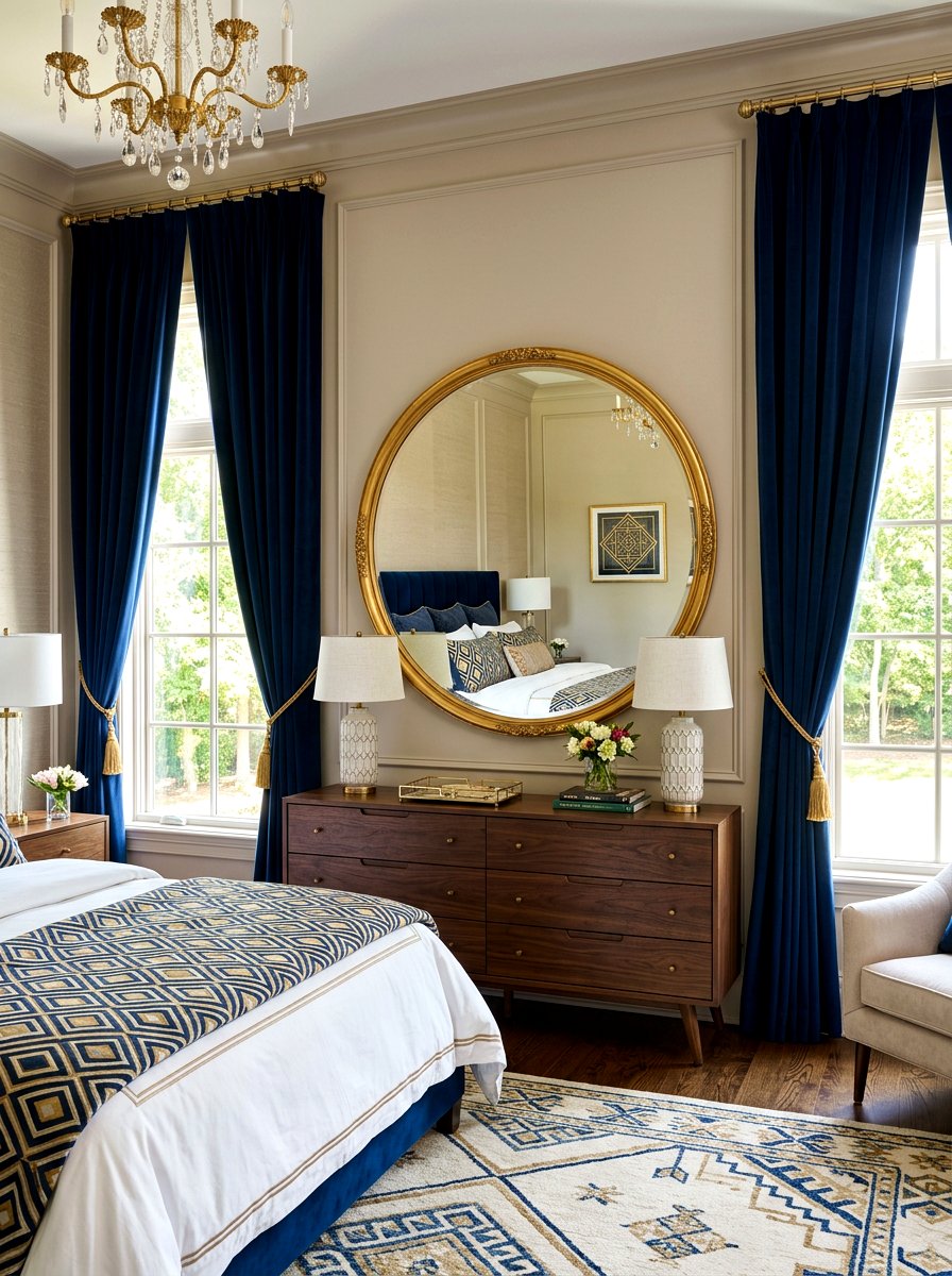 Round gold mirror - 30 neo deco bedroom ideas
