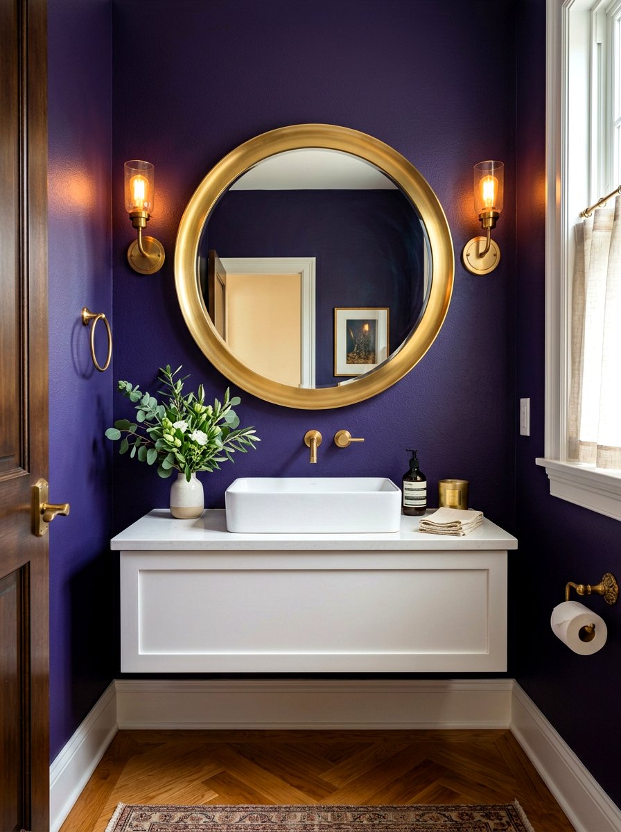 Round gold mirror - 30 aubergine powder room ideas
