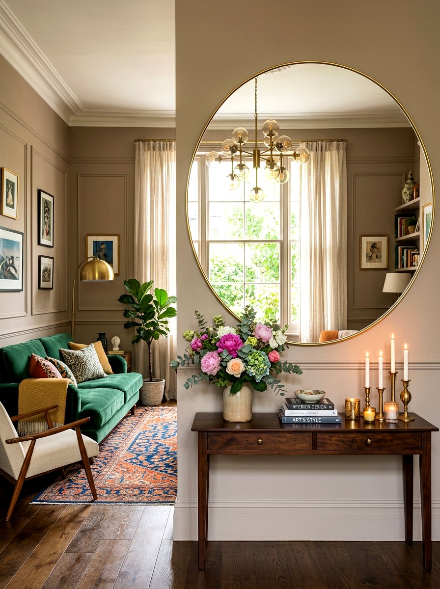 Round mirror display - 30 living room wall decor ideas