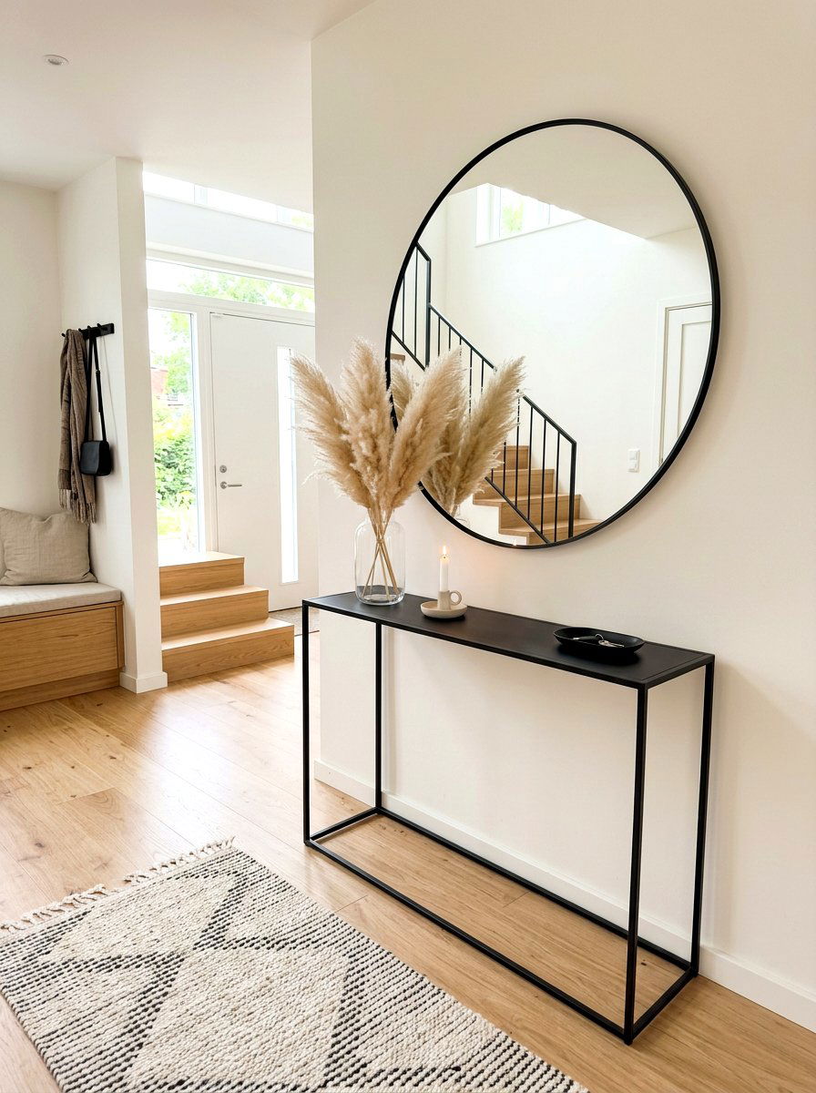 Round mirror entry console - 30 mirror alcove ideas