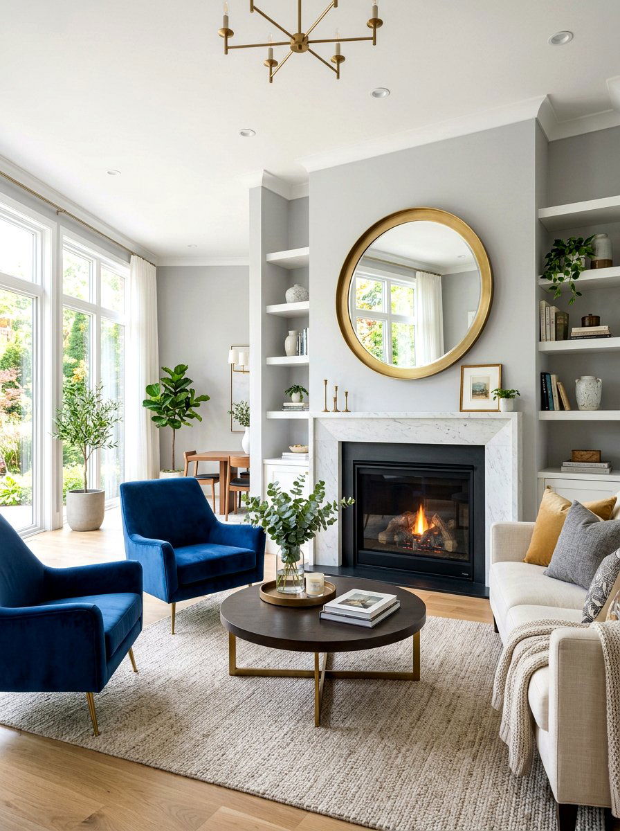 Round mirror fireplace - 30 mantel shelfie ideas